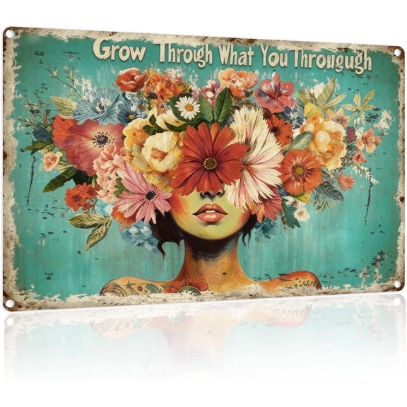 Vintage Garden Signs - Metal Tin Sign Wall Art Decor, "Grow Through What You Go Through" Metal Sign for Home Garden Greenhouse Living Room Bedroom Yard Outdoor Decor Girl Gifts