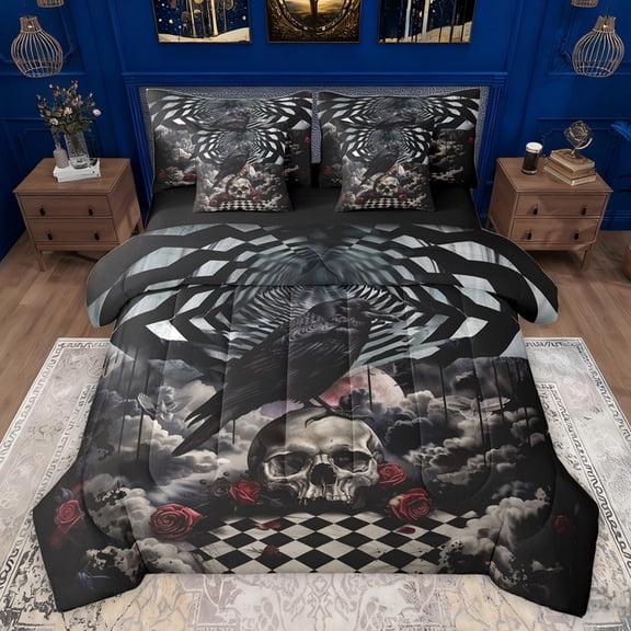 Castle Fairy Animal Black Crow Twin Bedding Sets 7-Piece for Boys Girls,Gothic Floral Rose Skull Bedding Comforter Set Microfiber,Geometric Plaid Grid Breathable Sheet Sets,Lightweight Room Decor