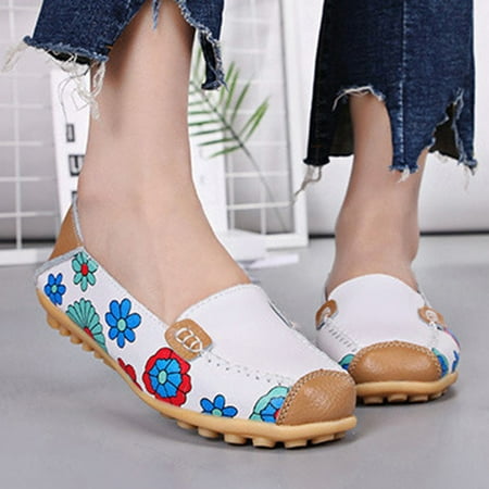 

Women s comfortable leather printed flat casual peas shoes loafers walking shoes
