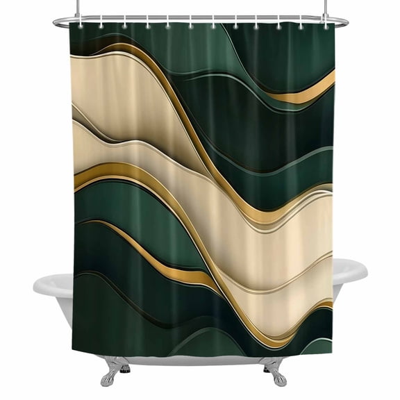 Green Beige Gold Shower Curtain Set with Hooks, Abstract Lines Minimalist Waterproof Fabric Bathroom Curtains Decor Home Accessories,66 X 72 Inch Long