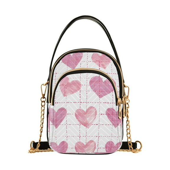 joogoo Women Pink Hearts Checkered Pattern Chain Crossbody Bags Shoulder Handbag Phone Purse