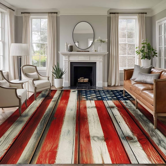 Vintage American Flag Area Rugs 5'x7', Washable Small Throw Rugs for Laundry Room Playroom, Retro USA Flags Wooden Indoor Outdoor Rug Non-Slip Low Pile Carpet Runner Reversible Floor Mats