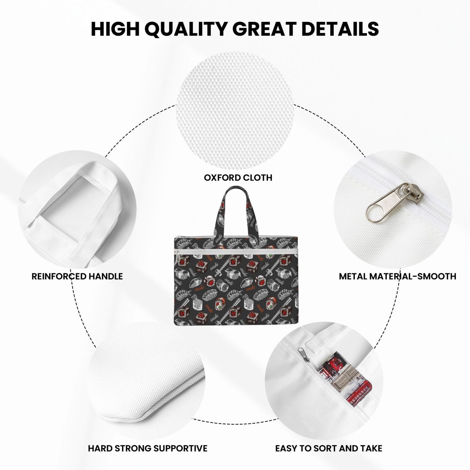 Kdxio Japanese Sushi Hashi File Tote Document Bag Business Briefcase Bag Document Organizer Tote Briefcase for Letter A4 Files Business Teacher Office Bag