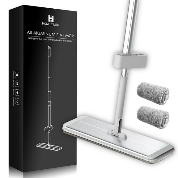 Home Times Foldable All-Aluminum Flat Mop Set, 1 Flat Mop with Long Handle, 2 Reusable Microfiber Mop Pads, Professional Mop Floor Cleaning System for Hardwood, Laminate, Vinyl, Tile Cleaning