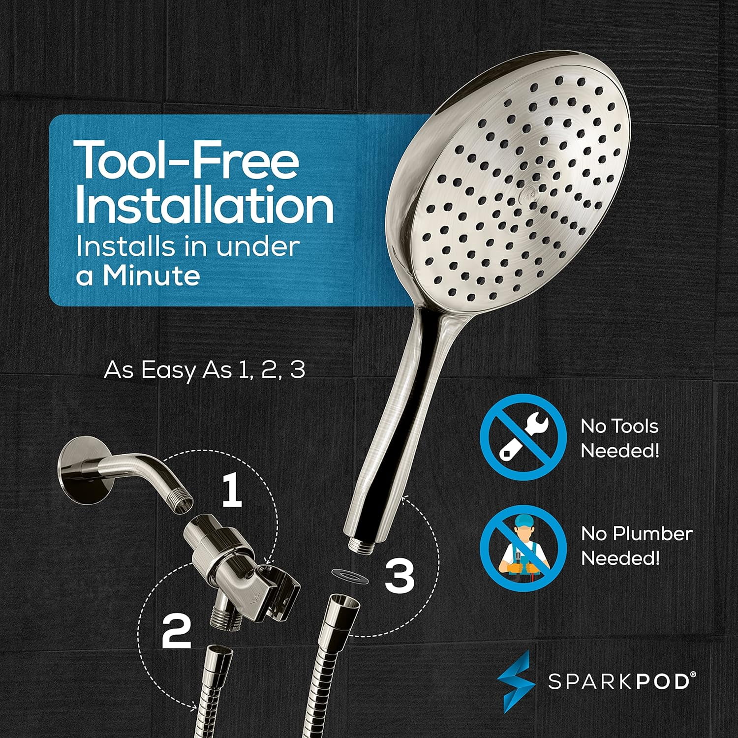 SparkPod Rainfall Shower Head with Handheld - 6-Inch Head, 6ft Hose, Adjustable Bracket (Elegant Brushed Nickel)
