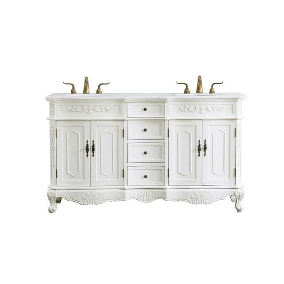 60 in. Double Bathroom Vanity with Ivory White Engineered Marble, Antique White
