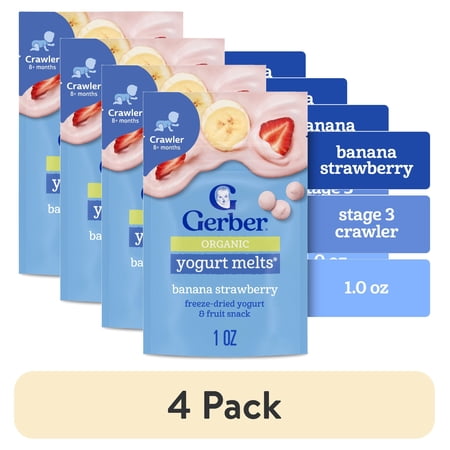 (4 pack) Gerber Stage 3 Organic Yogurt Melts, Banana Strawberry, Baby Snacks, 1 oz Bag