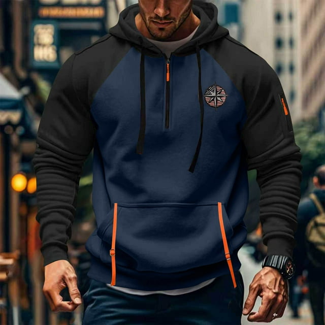 Sudadera con capucha para hombre, con bloques de color, bordado, bolsillo, media cremallera, cordón ajustable, informal, deportiva, manga larga, sudadera con capucha, blusa de poliéster para hombre