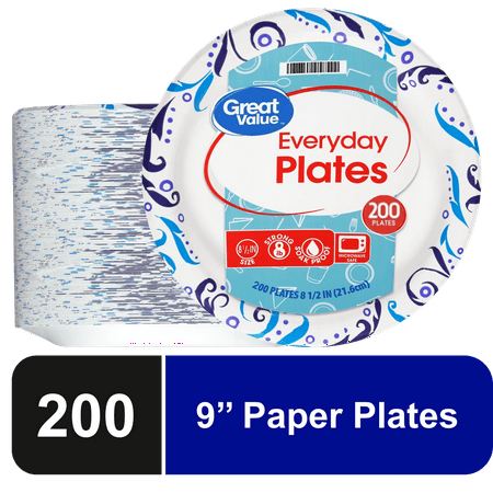 Great Value Everyday Strong, Soak Proof, Microwave Safe, Disposable Paper Plates, 9 in, Patterned, 200 Count