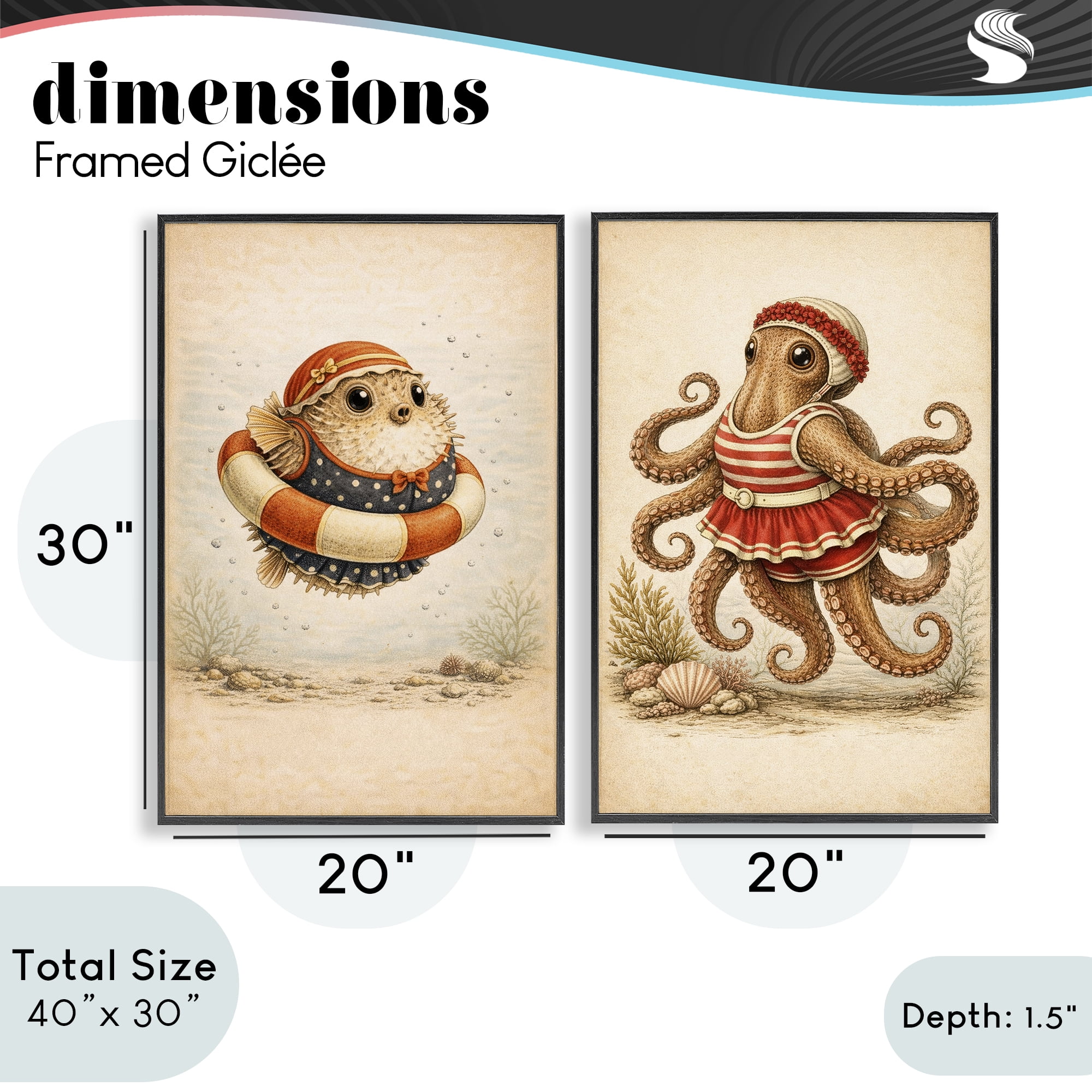 Stupell Industries Vintage Maritime Bathing Creatures 2 Piece Black Framed Giclee Art Set, design by Grotto Studios