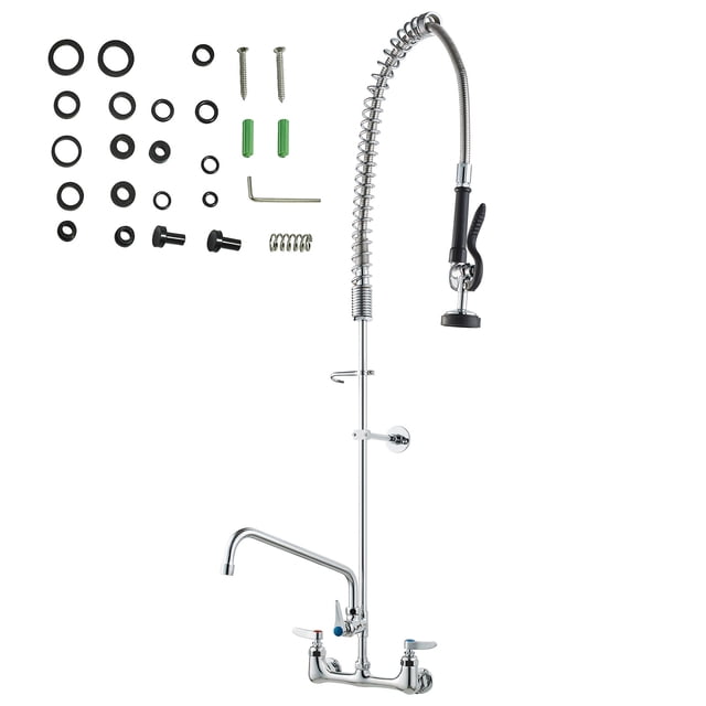 KFFKFF Robinet de Cuisine Mural, Hauteur 47 Pouces, Espacement 8 Pouces, Comprend Bec Pivotant de 12 Pouces et Pulvérisateur Pré-Rinçage, Fabriqué en Laiton, Équipé d'Une Fonctionnalité de Descente pour Divers Types d'Éviers