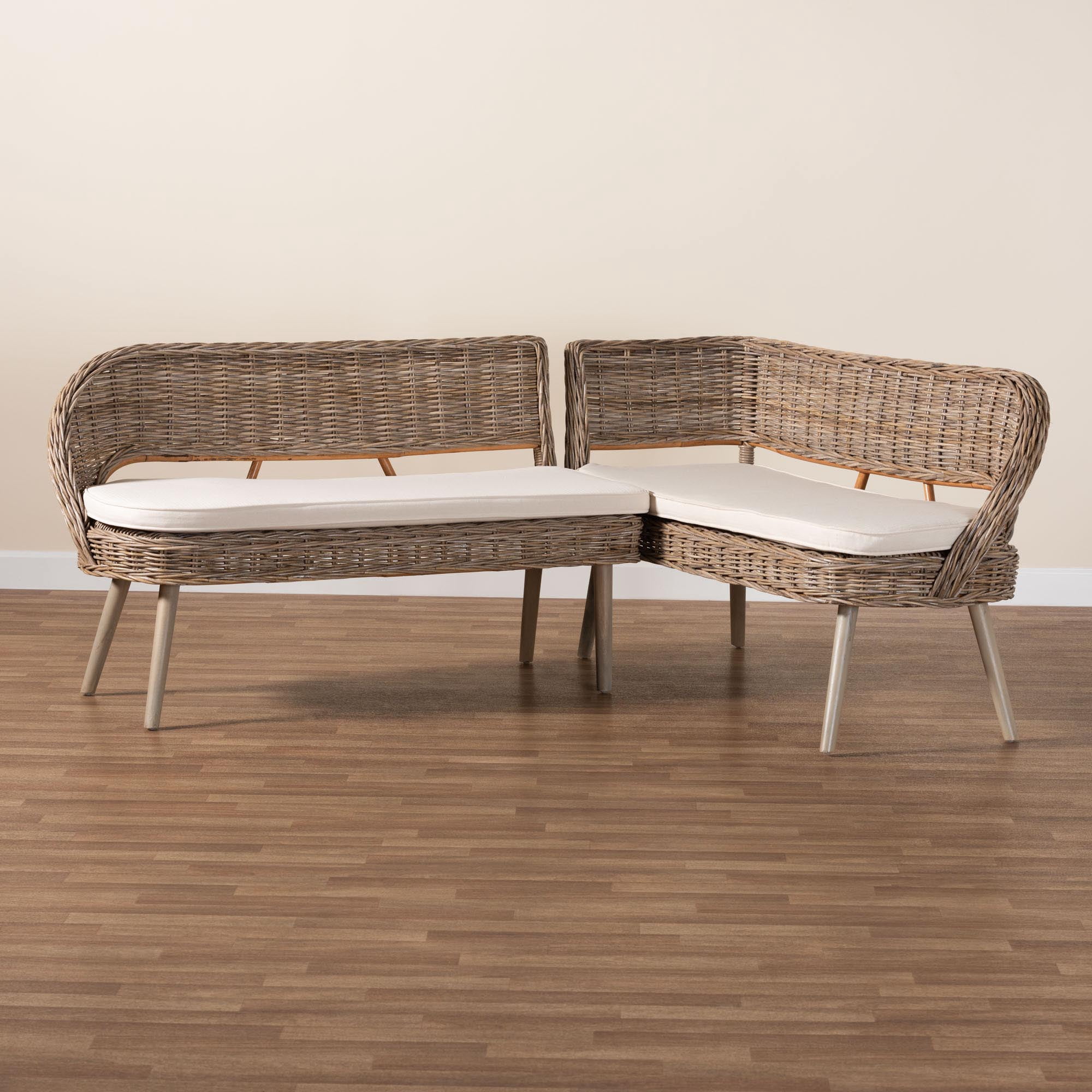 bali & pari Raisa Rattan BOHO Dining Nook Banquette Set, Greywashed