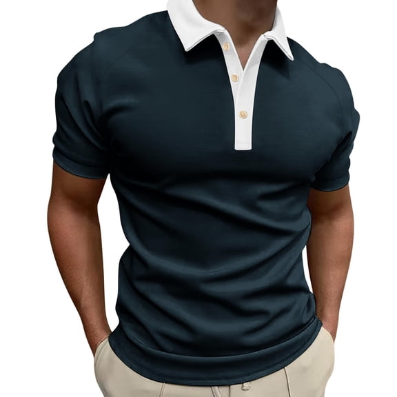 Bibifish Mens Polo Shirts Light Blue Body White Lapel Collar Button Placket Shirts Mens Spring Summer Basic Daily Tops