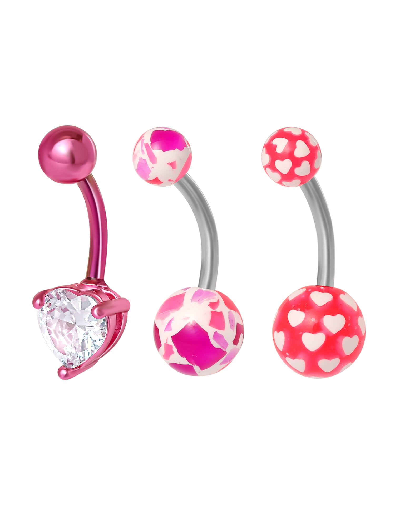 Women’s Stainless-Steel 14G Assorted Pink Belly Rings, 3-Pack Body Jewelry