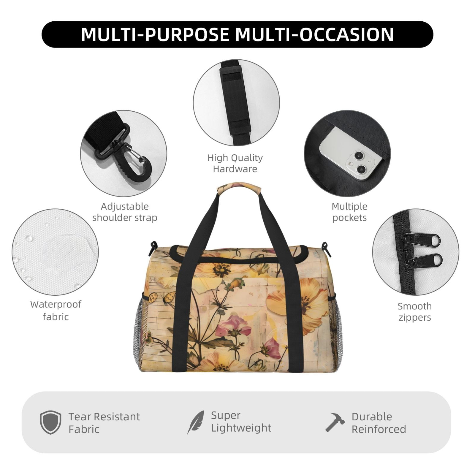 Fuzoiu Vintage Floral Butterfly Collage Print Travel Duffle Bag,Carry On Tote Bags,Duffel Bag,Sport Gym Bag, Hospital Bag for Labor and Delivery, Overnight Bag,Luggage Bag
