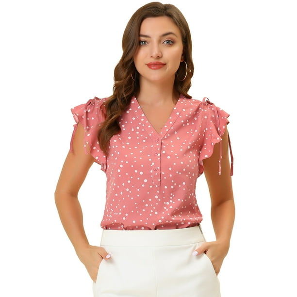 Blusa con Cuello En V Allegra K de gasa con volantes Rosa M