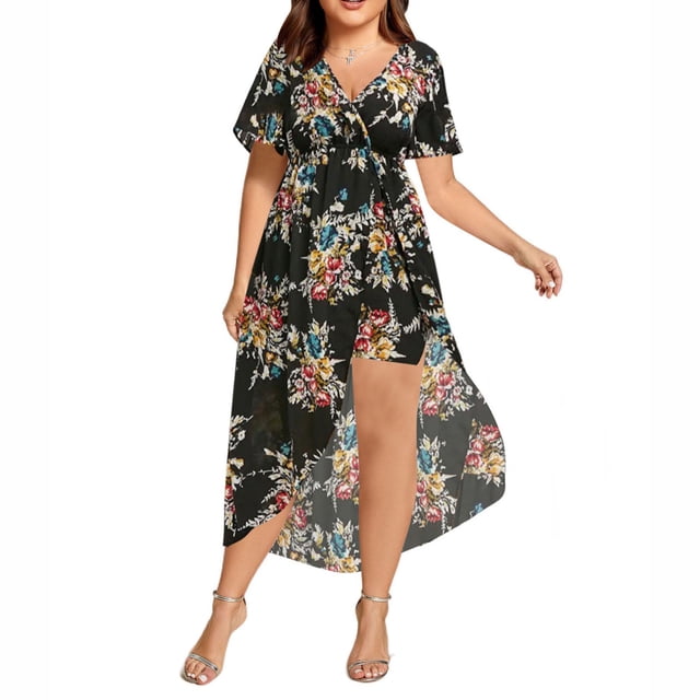 LSLJS Plus Size Women's Casual Loose Printed Split Irregular Short Sleeve V-Neck Long Dresses, Plus Size Dress