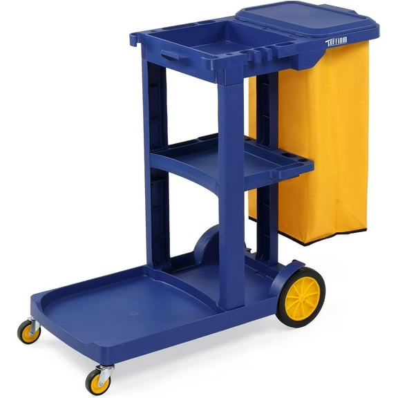 TUFFIOM Traditional Cleaning 3-Shelf Janitorial Cart, 500 Lbs Capacity Housekeeping Cart, Wheeled with Yellow VinylBag and Cover w Lid, Blue,