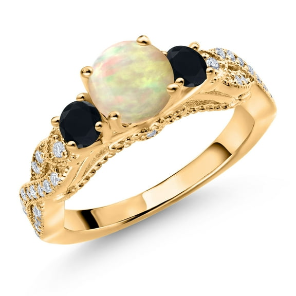 Gem Stone King 18K Yellow Gold Plated Silver White Ethiopian Opal Black Onyx and White Moissanite Engagement Ring for Women (1.03 Cttw, Gemstone, Round Cabochon 6MM and 3MM, Size 6)
