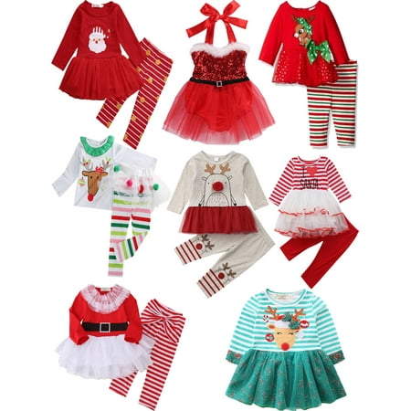Christmas Party Outfits 2PCS KID Girl Christmas Top +Dress Polka Princess Christmas Party Clothes Outfit ()