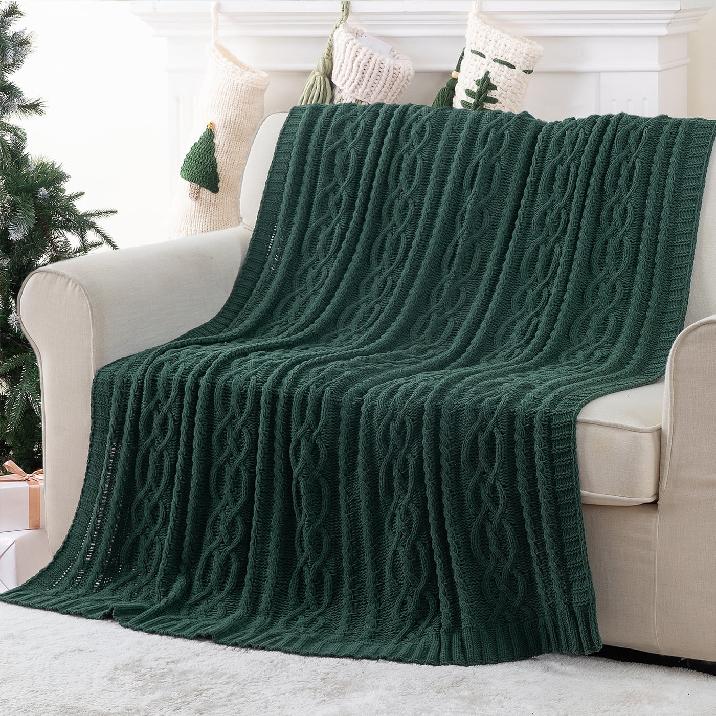 Battilo Dark Green Throw Blanket for Couch,Woven Chenille Knit Throw Blanket,Christmas Decor,51"x67"