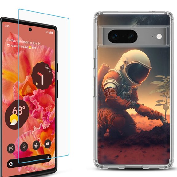 OneToughShield ® for Google Pixel 7a Shockproof Bumper Phone Case, with Tempered Glass Screen Protector - Astronaut Planting