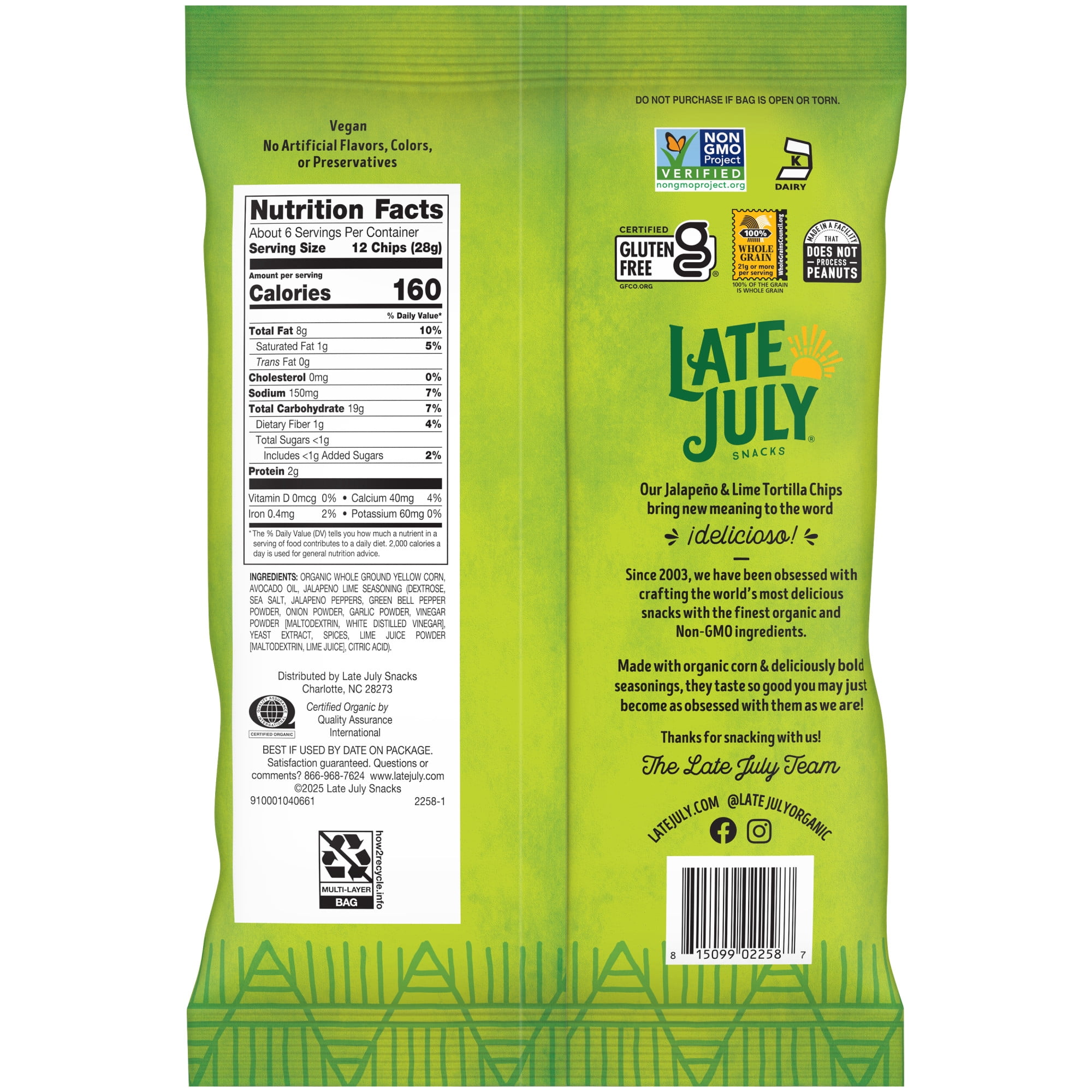 LATE JULY Snacks Jalapeno Lime Tortilla Chips, 6 oz Bag
