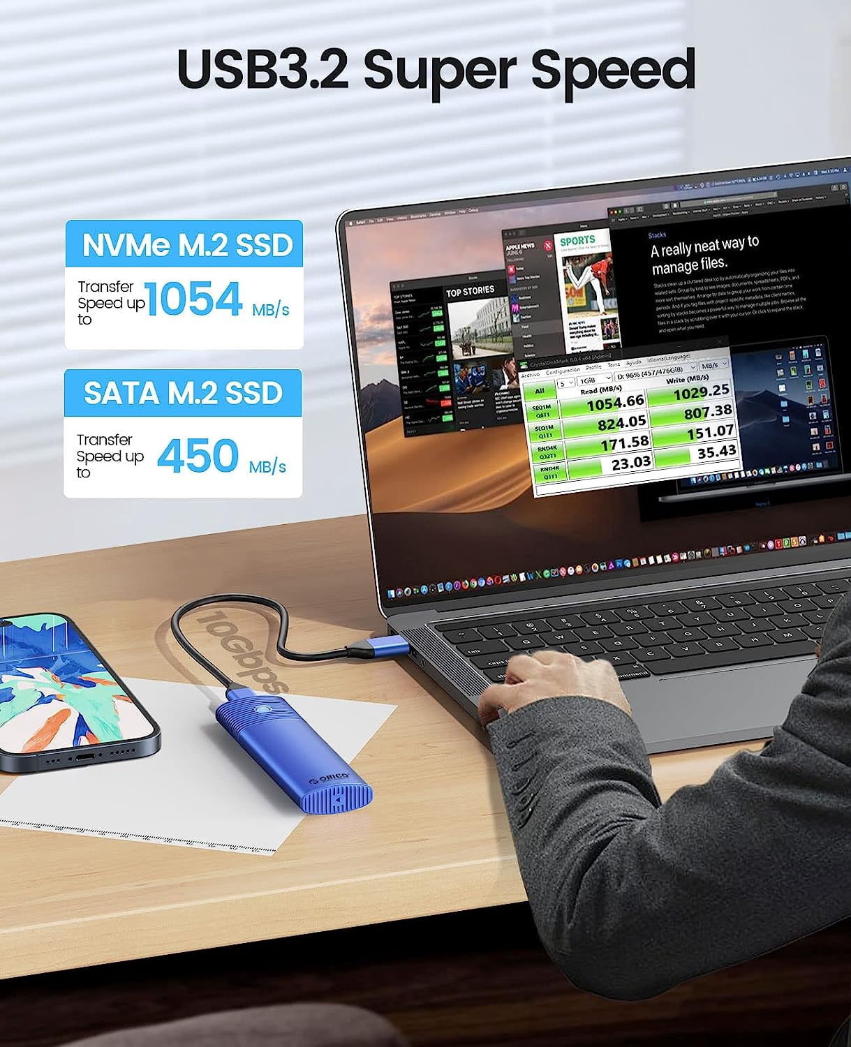ORICO M.2 Enclosure External SATA NVMe M.2 Enclosure with Dual-Bay M.2 SSD Docking Station Offline Clone USB C to NVMe SSD Enclosure for M Key 2242 2260 2280 22110 M.2 SSDs