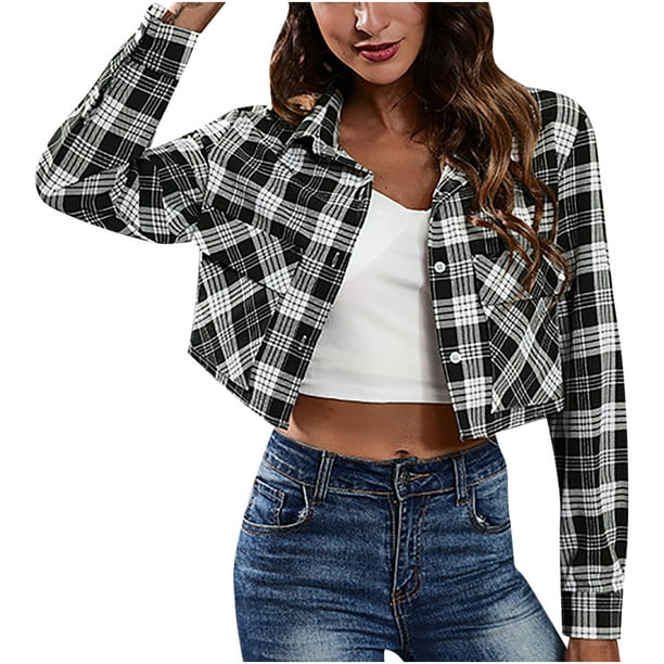 womens casual blazer Women Button Long Sleeve Tops Blouse Plaid Printin Coat Navel Short Top blázer de mujer invierno - Walmart.com