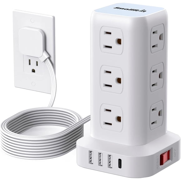 SMALLRT Torre Regleta Multicontacto con Protector de Sobretensión, 1.98M Extension Electrica Enchufe Plano con 12 Enchufes CA y 4 USB (1 USB C), Conector Multiple para Casa Oficina Dorm Acc