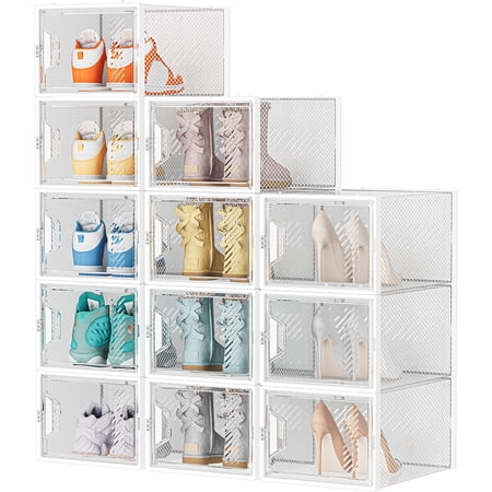 XL Clear Shoe Storage Boxes Stackable Shoe Organizer for Closet | 12 Pack for Size 13 Magnetic Door Aromatherapy Stick Plastic Shoe Rack for Closet Entryways Under-bed Storage