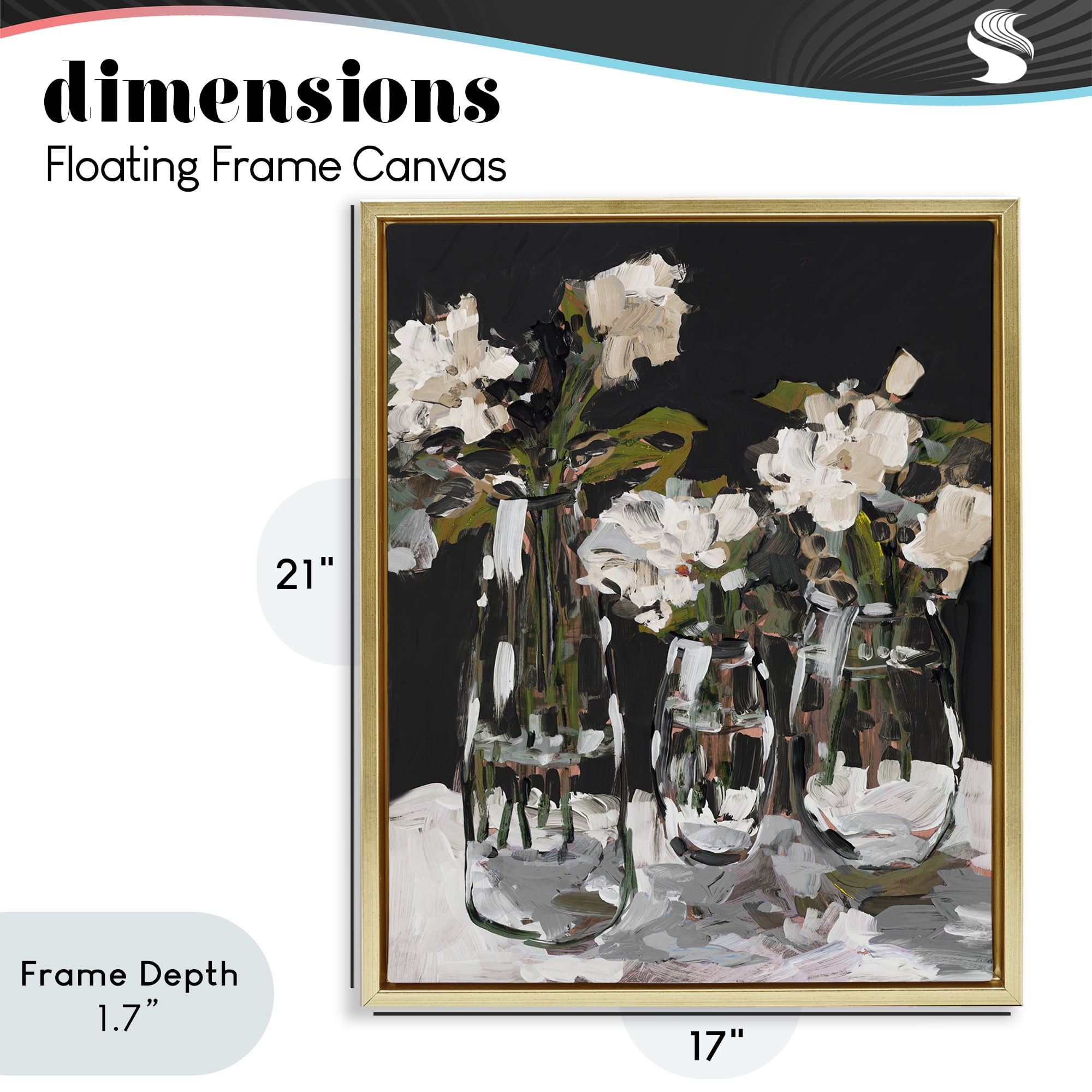 Stupell Industries Three Flower Vases on Black Gold Framed Floater Canvas Wall Art, design by Jane Slivka