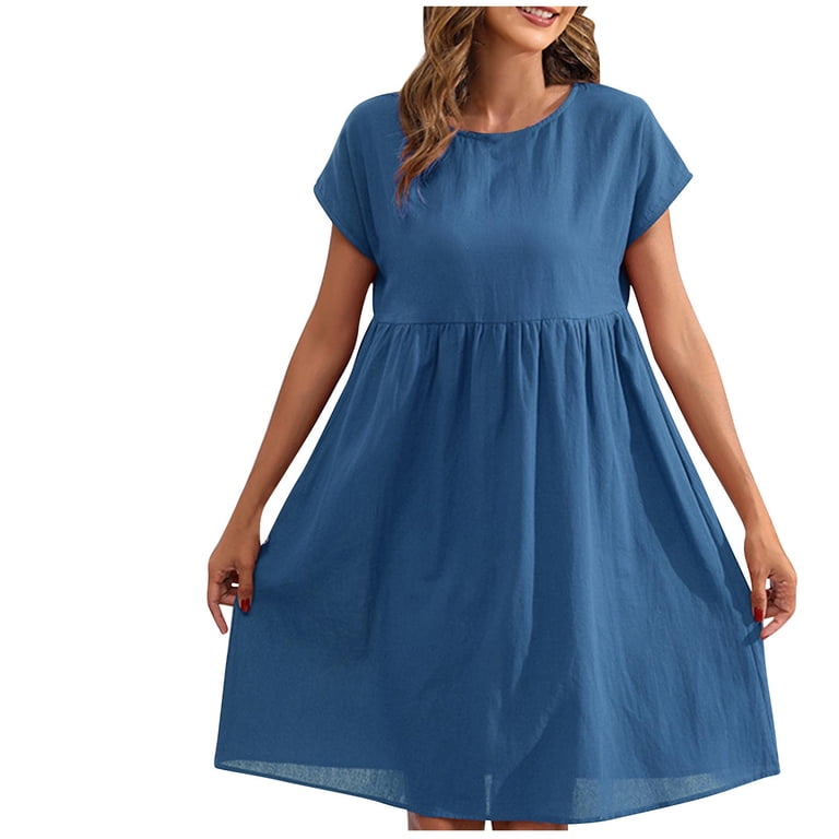 Tdoqot Womens Summer Dresses 2024- Casual Short Sleeve Elegant Sundress  Cotton Linen Loose Fit Midi Dresses with Pockets Blue Size M - Walmart.com