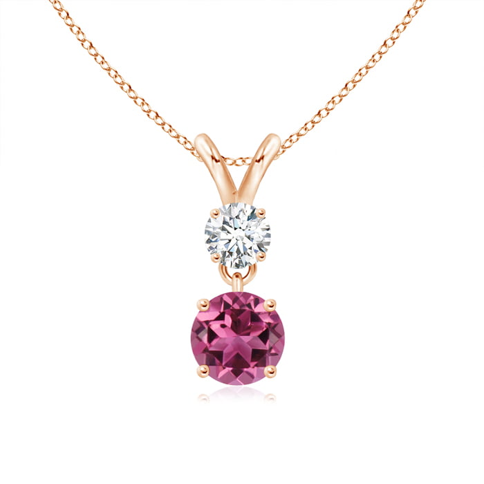 October Birthstone Pendant Necklaces - Two Stone Round Diamond and Pink  Tourmaline Pendant Necklace in 14K Rose Gold (5mm Pink Tourmaline) - 