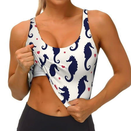 Qokaie Seahorses and Hearts Pattern Womens Scoop Neck Sports Bra Breathable Workout Vest Padded U Back Medium Impact Fitness Gym Yoga Bra Workout Crop Top