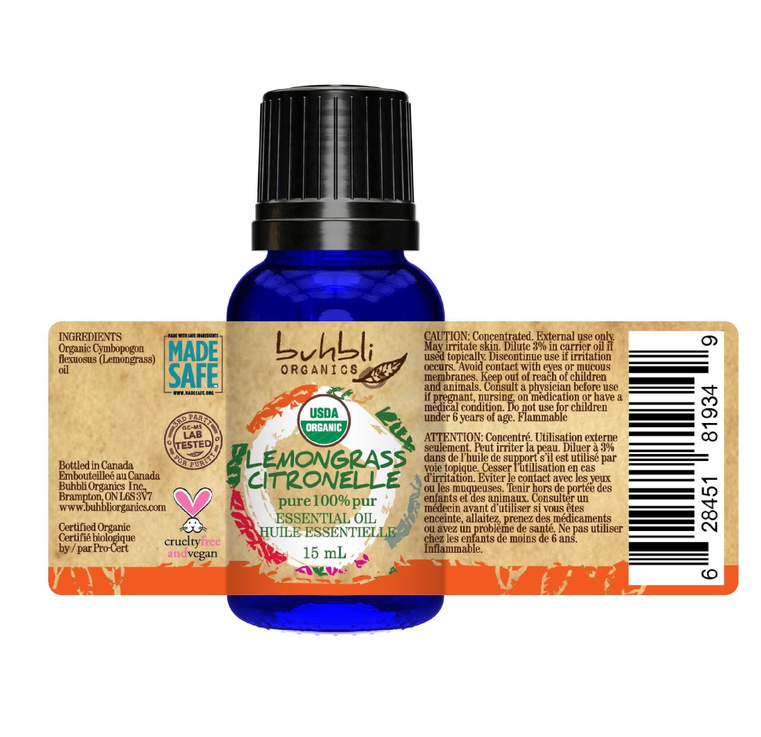 Buhbli Organics - Organic Lemongrass Essential Oil, 15ml, 100% Pure & Natural - Bottled in Canada