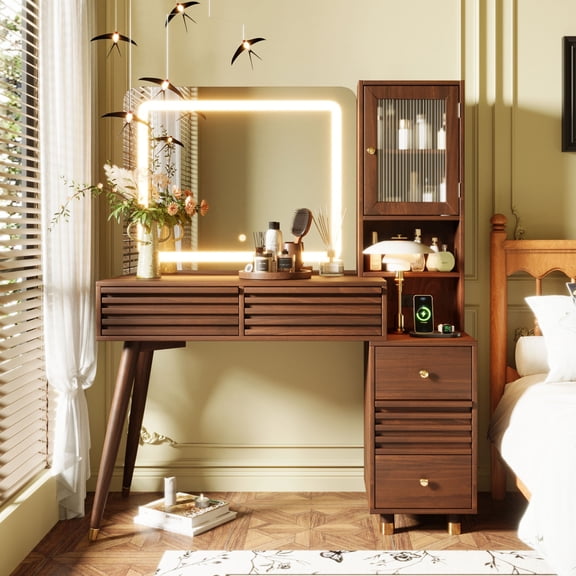 45.9" Makeup Vanity Desk with Mirror and Lights, Vanity Table with 5 Drawers and Rubber Wood Legs,, Dressing Table with Fluted Glass Storage Cabinet and Power Outlet,Espresso