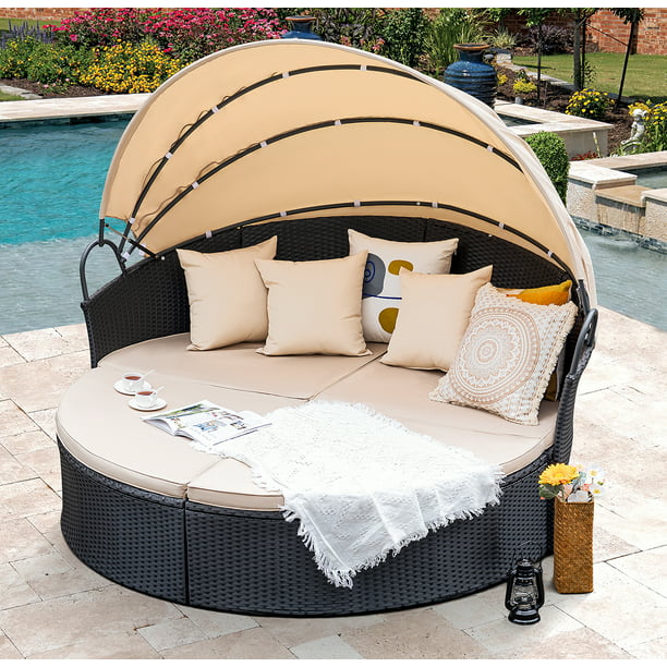 Homall Rattan Outdoor Daybed with Retractable Canopy