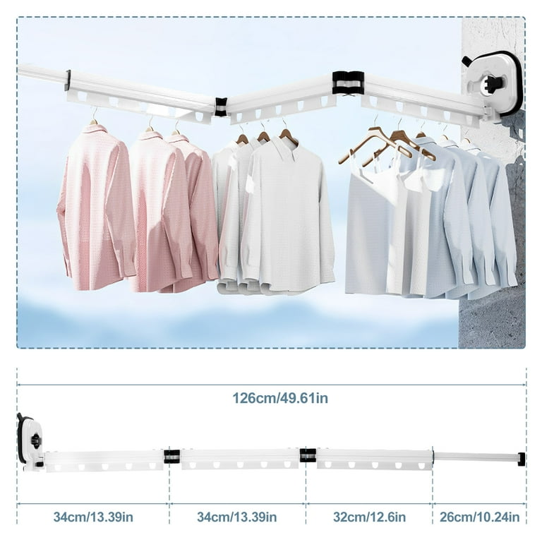 3 Fold Drying Rack with Extension Pole Retractable Clothes Drying with Suction CupRack Clothes Laundry Hanger Reusable Wall Laundry Collapsible