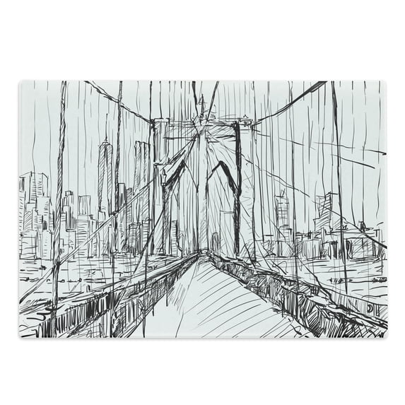 NYC Scene Cutting Board, Creative Sketchy Artwork of Monotone Bridge Silhouette Scribbled by Hand, Decorative Tempered Glass Cutting and Serving Board, in 3 Sizes, by Ambesonne