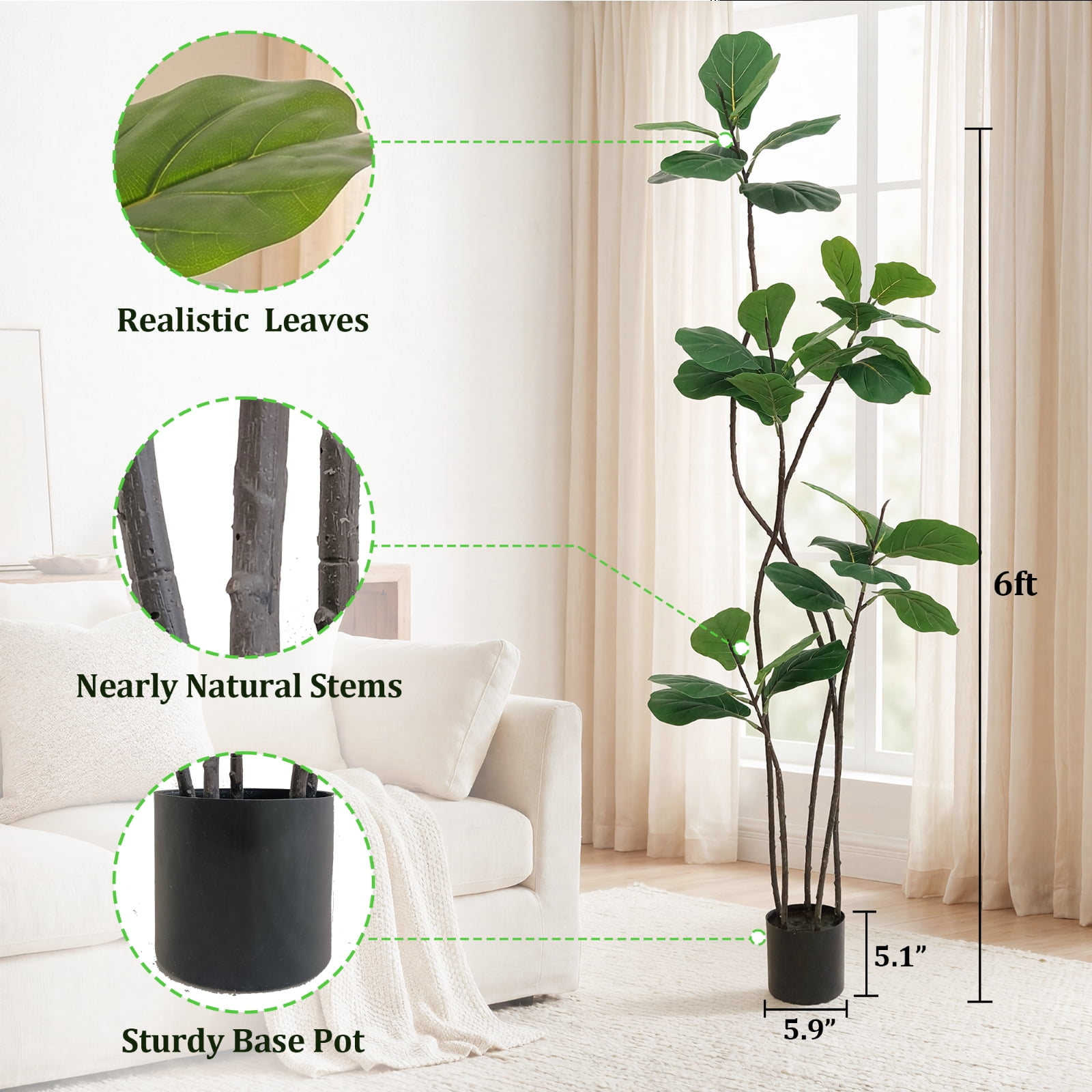 BEAUTYPEAK 4FT Artificial Fiddle Leaf Fig Tree Faux Ficus Tree Fake Green House Plants Indoor Outdoor Floor Plant