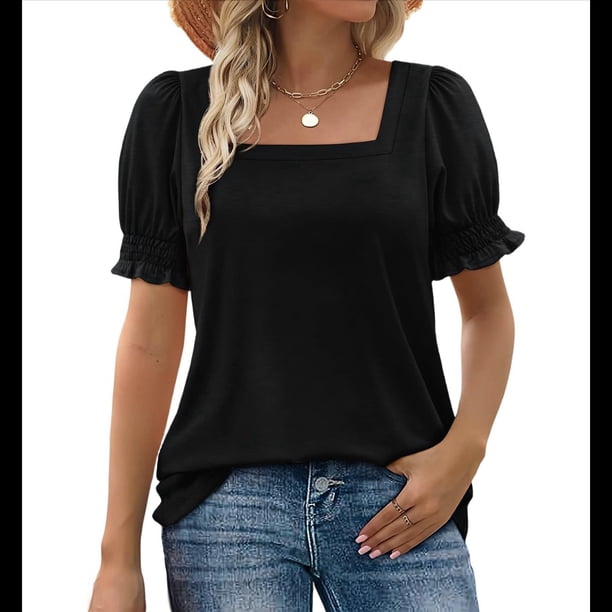 Tops para Mujer, Camisetas Informales de Verano con Cuello Cuadrado y Mangas con Volantes Negro S