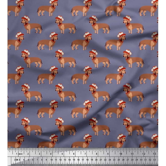 Soimoi Georgette Viscose Fabric Hat & Dachshund Dog Printed Craft Fabric by The Yard 42 Inch Wide