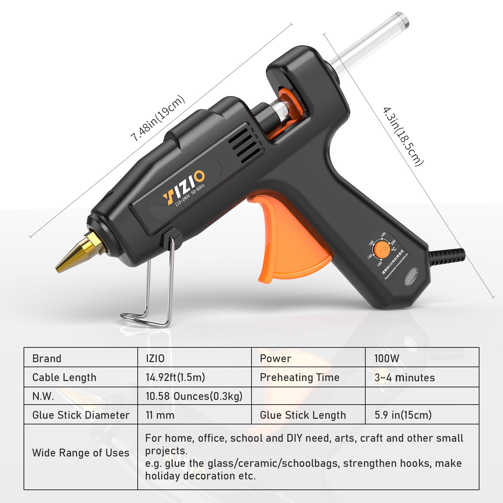 IZIO Adjustable Temperature Hot Glue Gun with 30 Glue Sticks, 100-220°F Fast Heating for DIY Crafts, Home Repairs, Safe & Ergonomic Design(Black)
