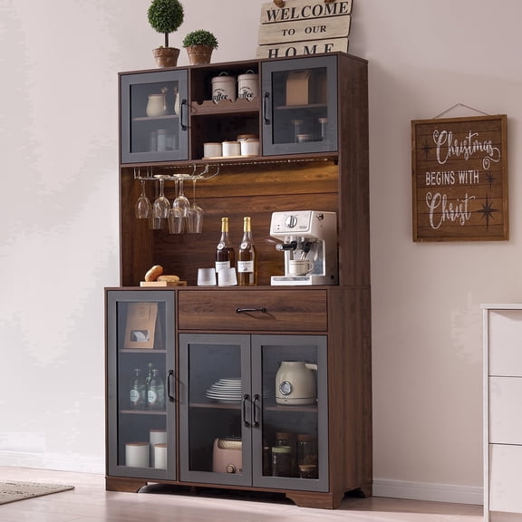 71" Kitchen Hutch Storage Cabinet with Wine Rack & Charging Station, Farmhouse Pantry Cabinet, Coffee Bar Cabinet & Liquor Cabinet with Storage, LED Lights for Kitchen, Dining Room, Home Bar(Brown)