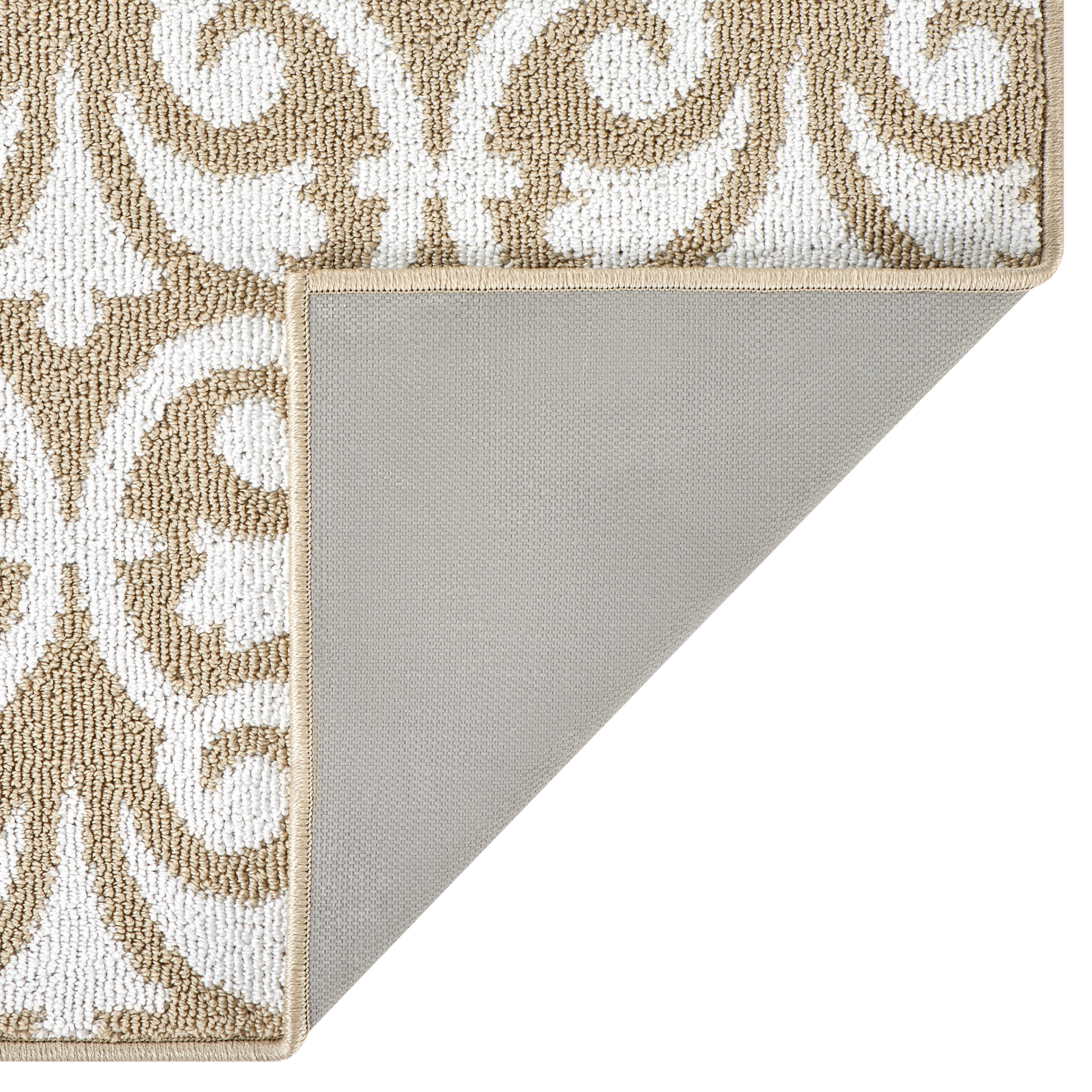 Washable Skid-Resistant Runner Rug, Floral Scroll, Beige and White, 26" x 72"
