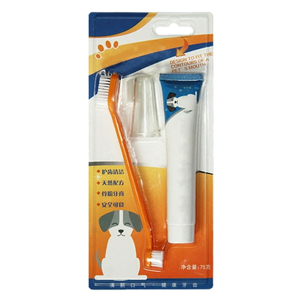 Set de pasta de dientes y cepillo de dientes para mascotas, kit dental portátil para perros y gatos, 93321, sabor a carne, un solo dedo.