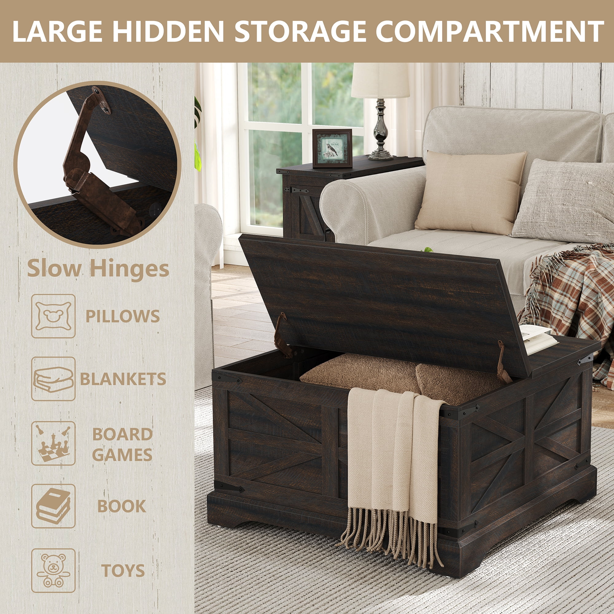 Furnihold Square Coffee Table with Storage Farmhouse Coffee Table with Lifting Top Modern Wood Center Table for Living Room Home Office, Dark Brown