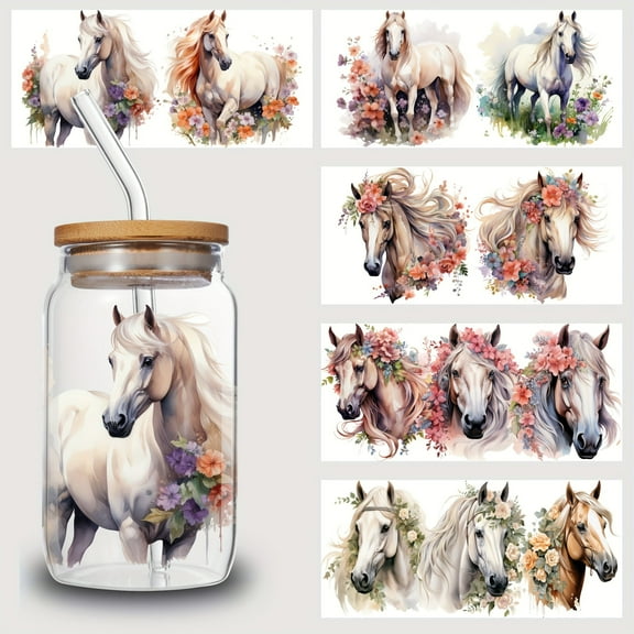 5 sheets horse UV DTF Transfer Sticker Glass Cups Diy Wrap Transfer Sticker Glass Cup Waterproof Sticker Bottle Sticker Adhesive Sticker-High Quality
