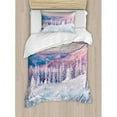 thumbnail image 3 of Winter Decorations King Size Duvet Cover Set, European Mountain Pine Forest with Sky Colors Overcast Windy Fresh Image, Decorative 3 Piece Bedding Set with 2 Pillow Shams, White Pink, by Ambesonne, 3 of 3